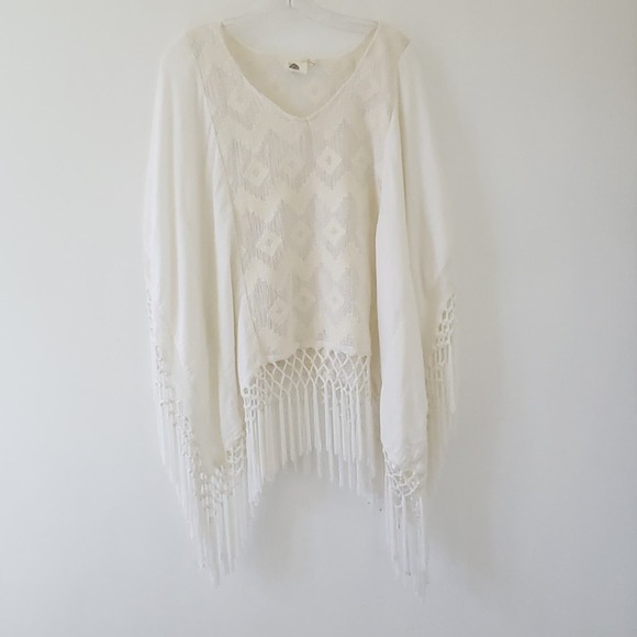 Anthropologie Lilka Crochet Fringe Hem Poncho White Lace Boho Women XS - Picture 8 of 11